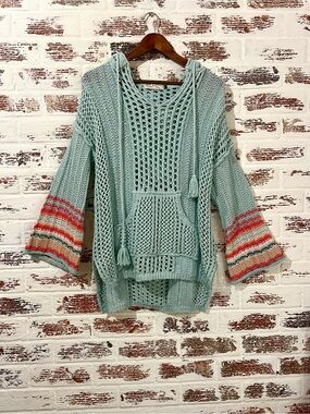 Bad Little Country Girl Boho Crochet Sweater Hooded Beachy Open Knit Pullover M